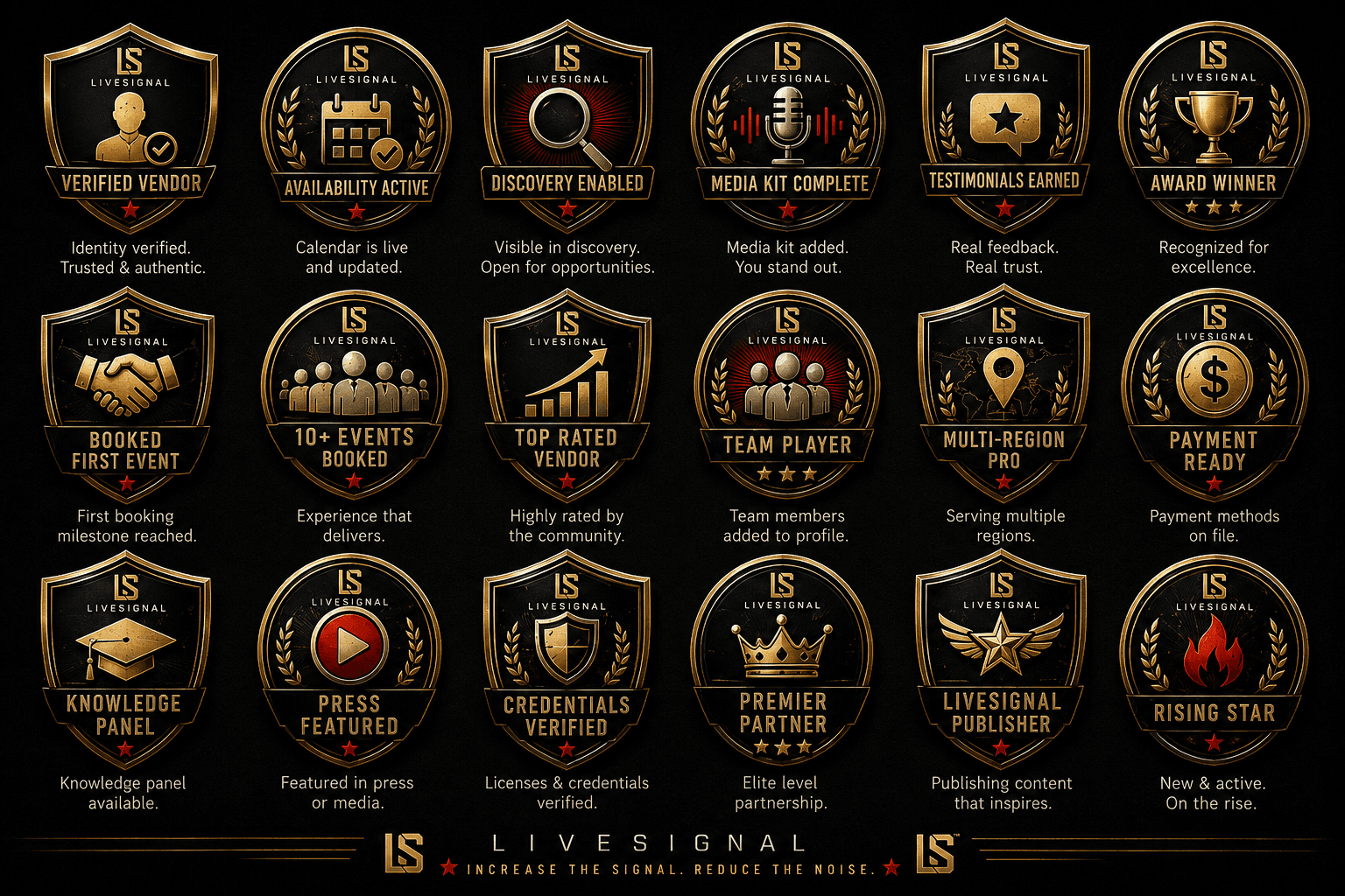 A collection of eighteen LiveSignal vendor achievement badges